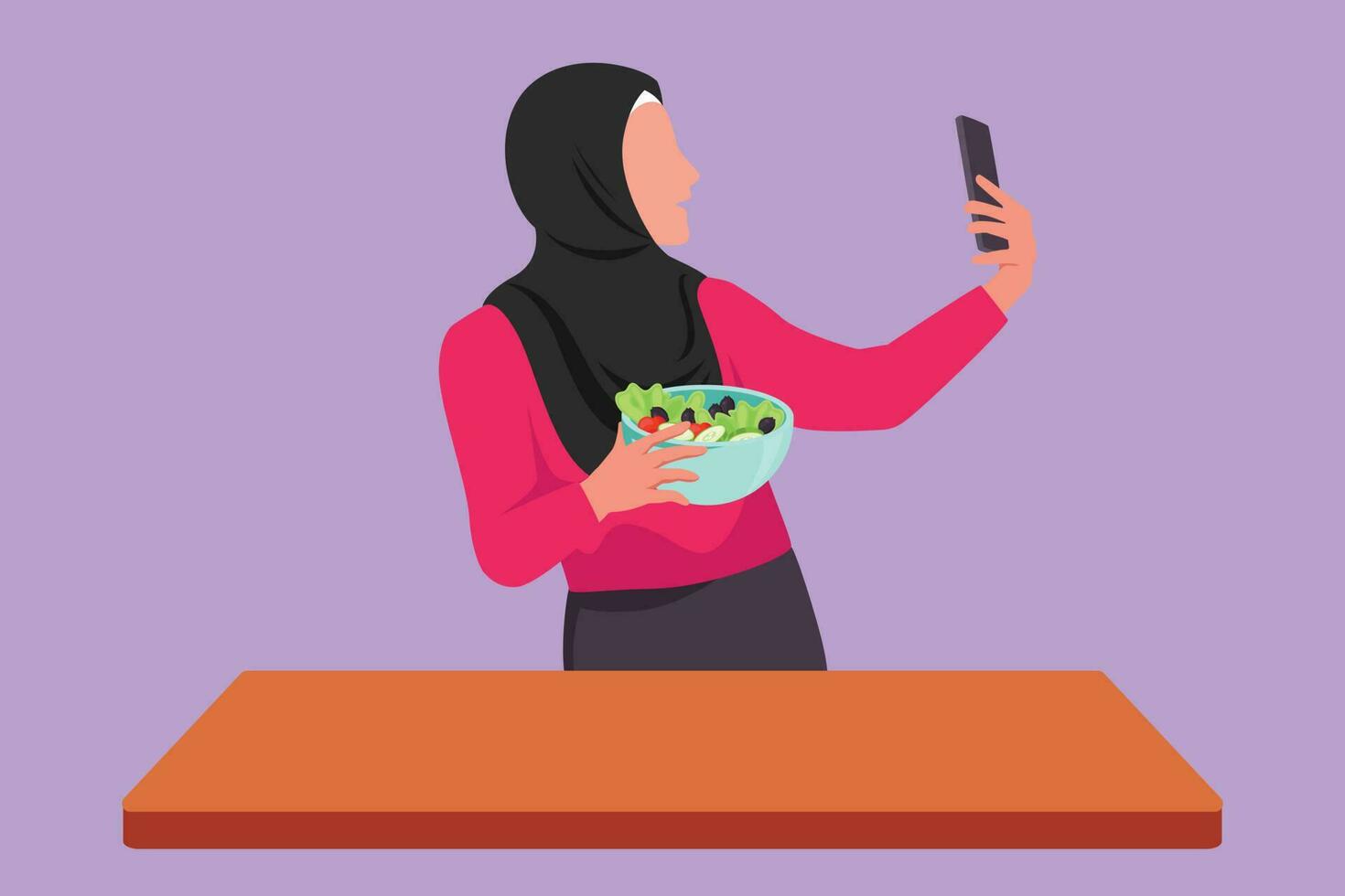 Character flat drawing female taking selfie or making video call using smartphone while platting fresh salad. Arabian woman cooking healthy food or nutrition meal. Cartoon design vector illustration