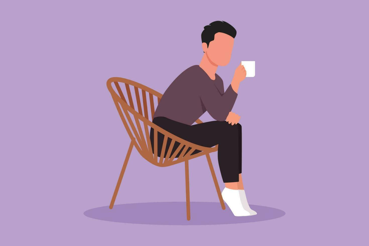 Cartoon flat style drawing side view of relaxed guy sitting in lounge chair, watching TV in free time with coffee at home. Tea time or take break after office hour. Graphic design vector illustration