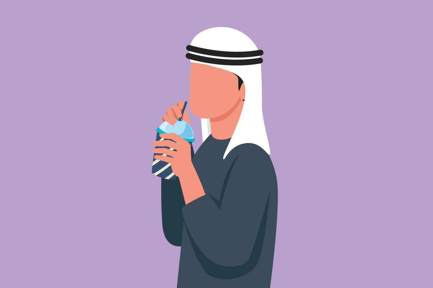 Cartoon flat style drawing side view of Arab man using straw and drinking smoothie juice from plastic cup. Active male feel thirsty and try to refresh in hot summer. Graphic design vector illustration