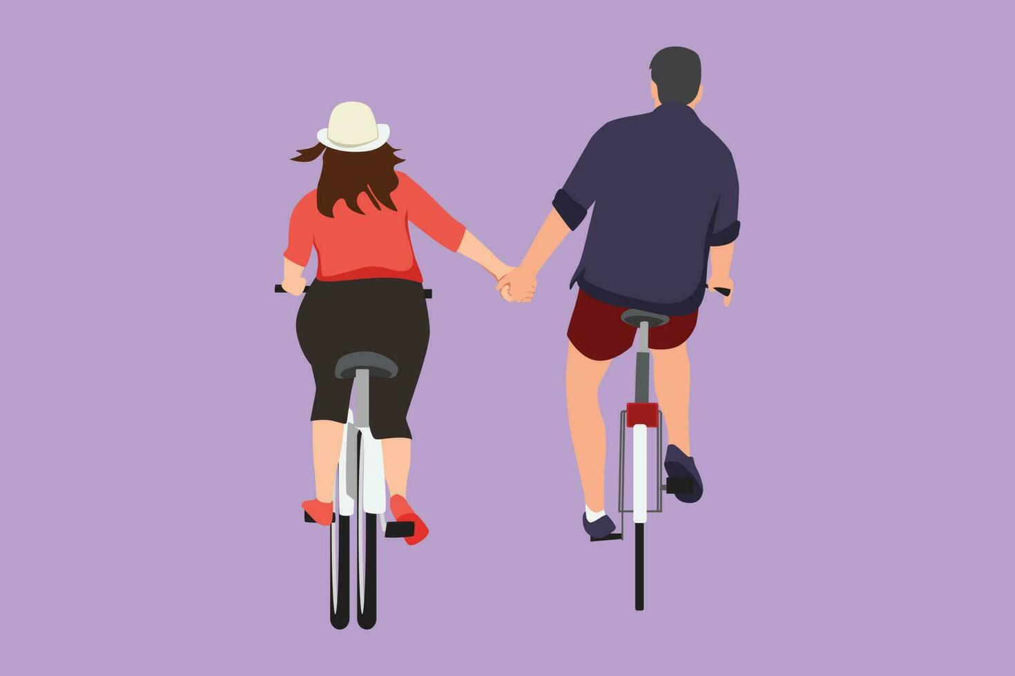 personaje plano dibujo espalda ver de romántico ciclismo Pareja participación manos en tarde. unión marido y esposa después boda. contento hombre y mujer paseo bicicleta. dibujos animados diseño vector ilustración