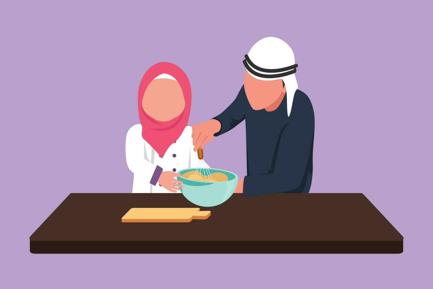 Cartoon flat style drawing Arab father and daughter knead cake dough using manual hand mixer. Dad and his little girl enjoying kneading cake dough together at home. Graphic design vector illustration