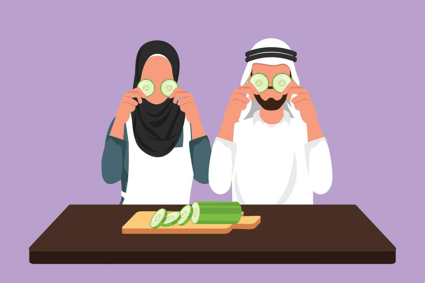 Cartoon flat style drawing beautiful wife and her husband are holding slices of cucumber while cooking in cozy kitchen at home. Happy Arab couple working together. Graphic design vector illustration