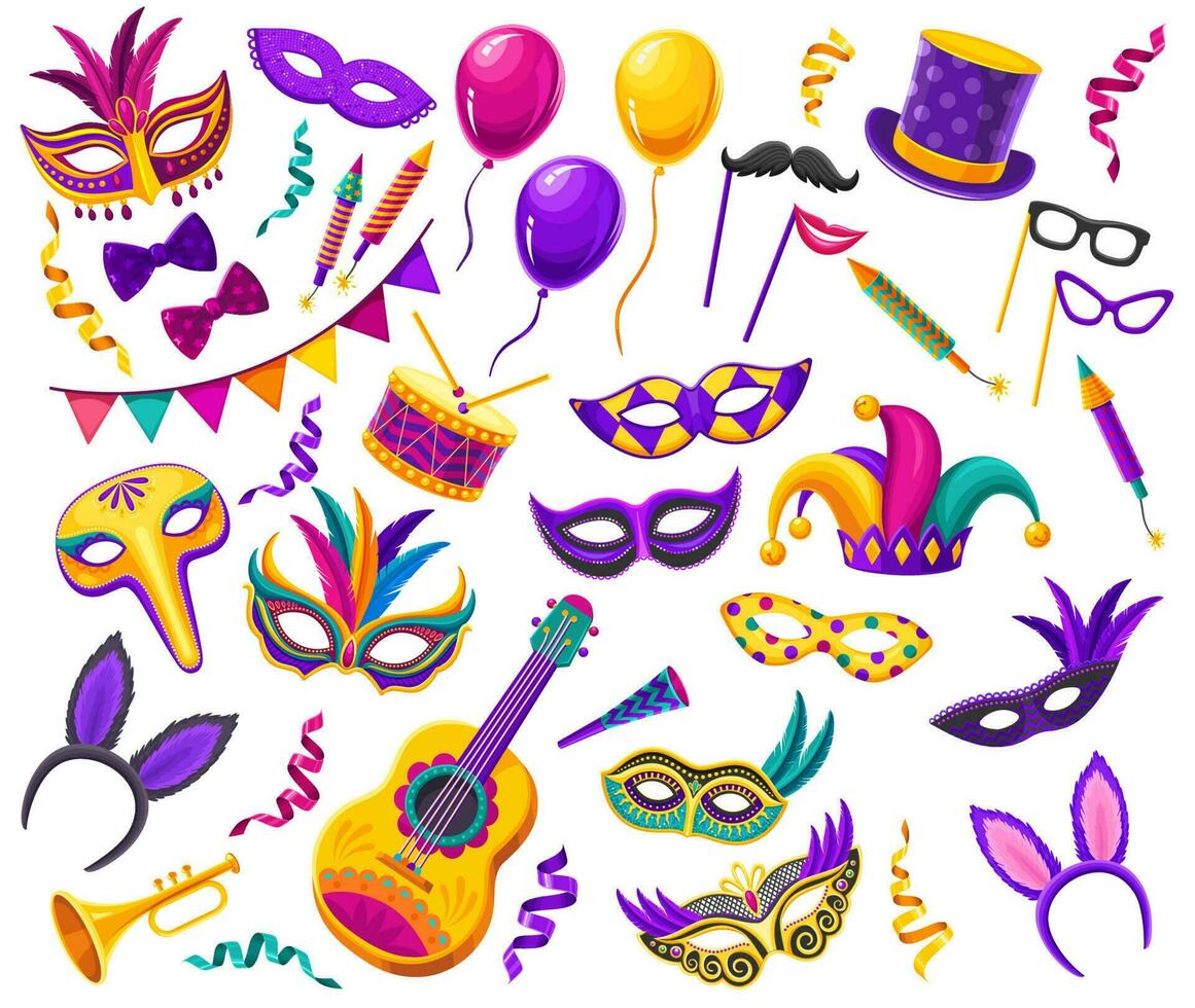 Brazil carnival, masquerade costumes masks, vector