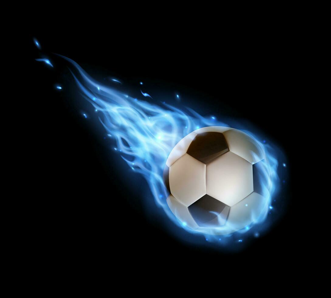 volador fútbol pelota con azul fuego caminos, Deportes vector