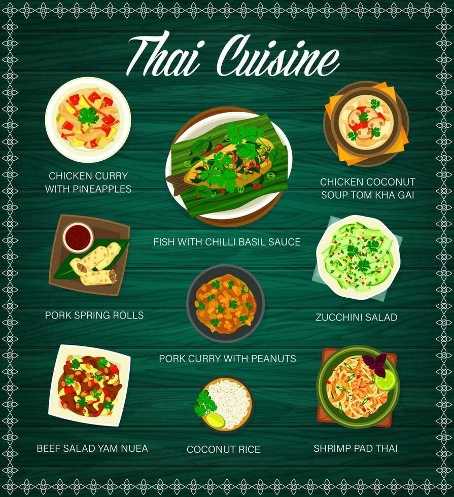 Thai food, Thailand cuisine menu cover with dishes vector