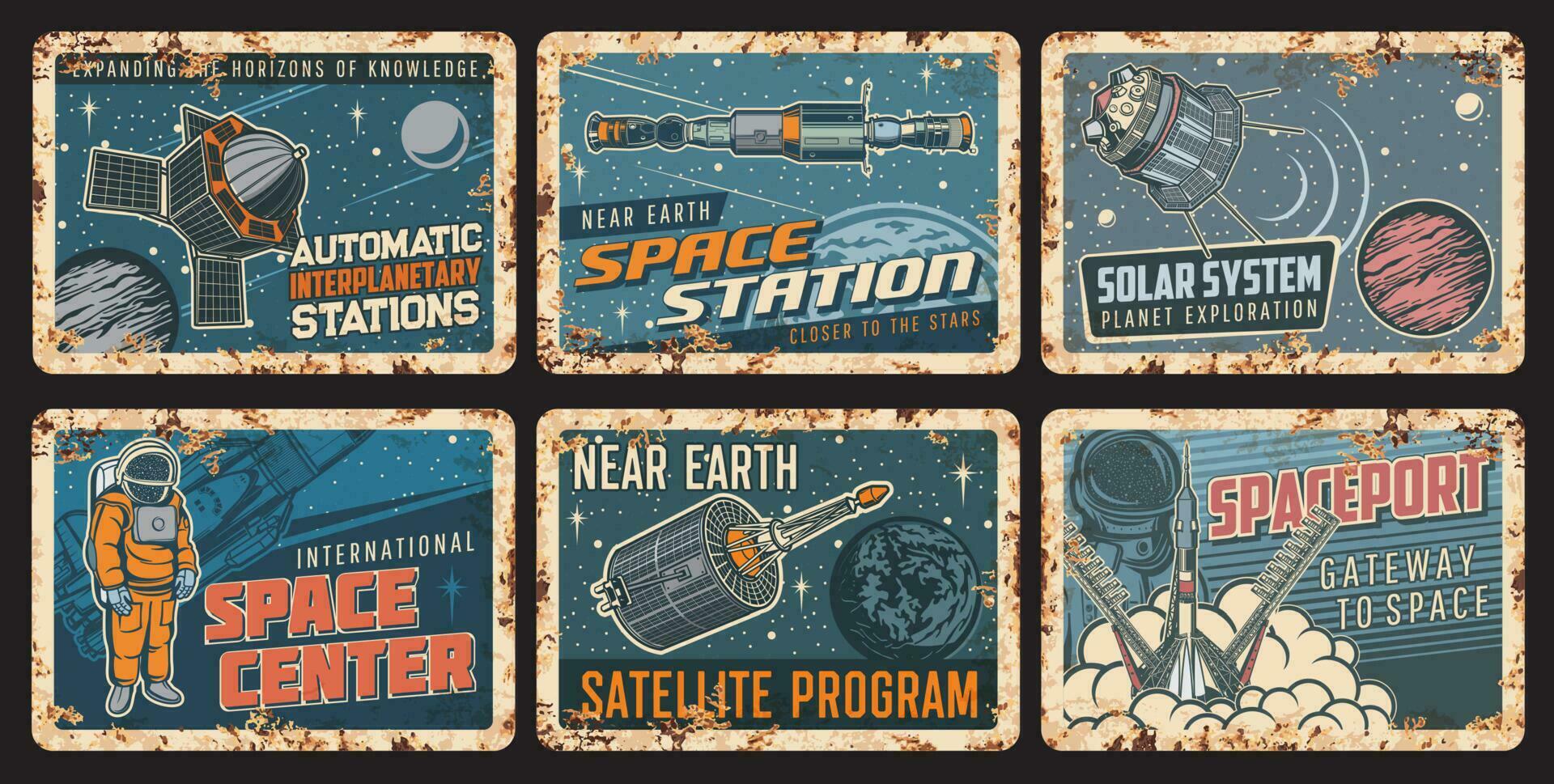 Orbital space station and satellite rusty plates vector