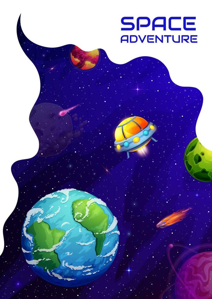 Space landing page with cartoon UFO spaceship vector