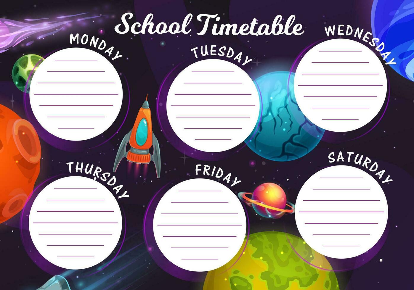 Timetable schedule with galaxy and spaceship vector