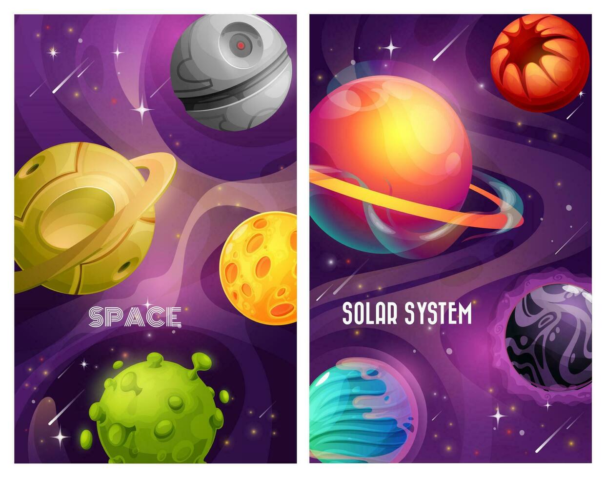 Space planets of alien solar system, cartoon vector