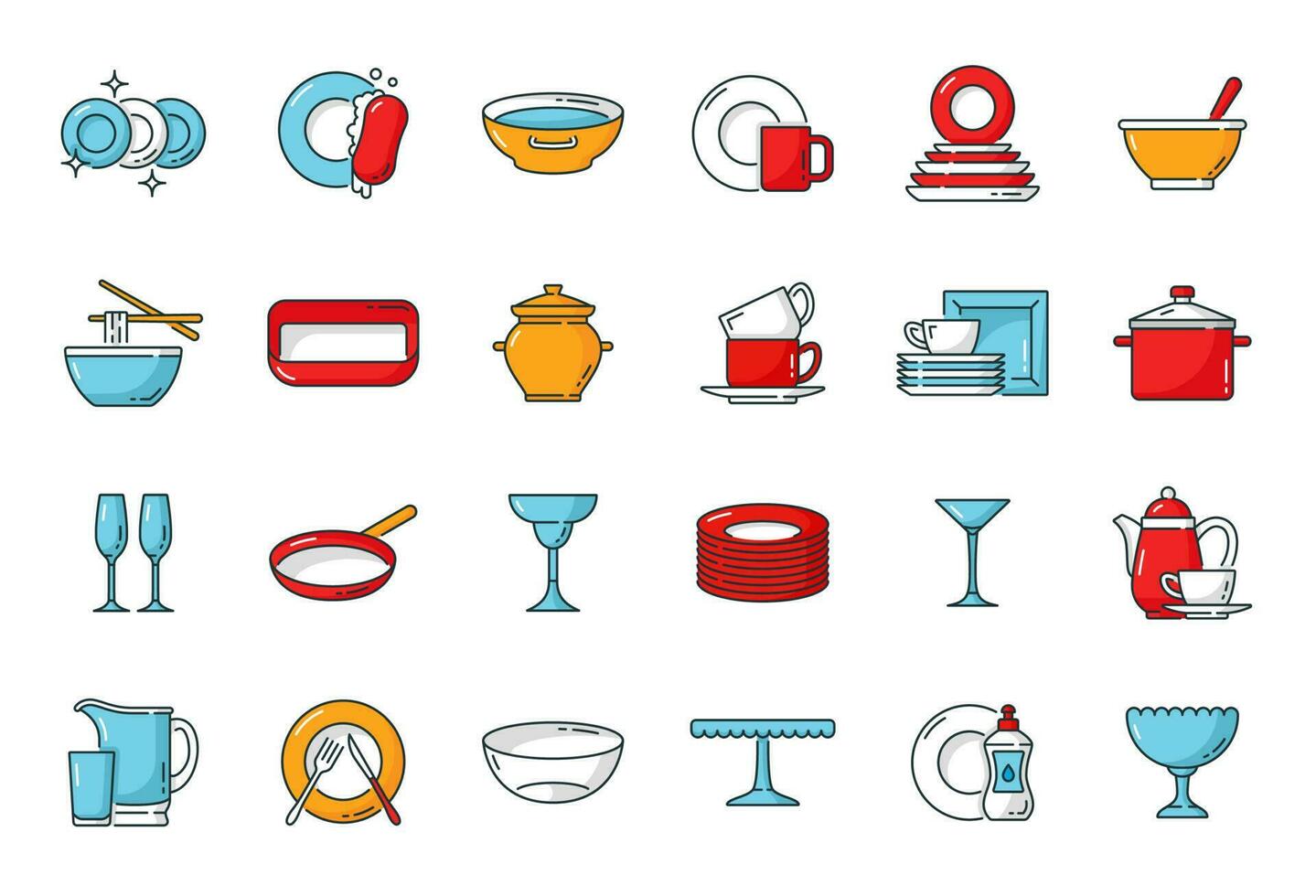 Kitchen plate, dish, utensil color outline icons vector