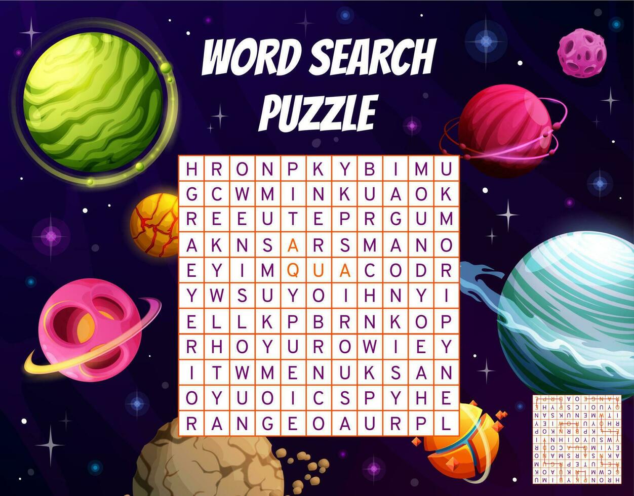 Galaxy space planets, word search puzzle game vector