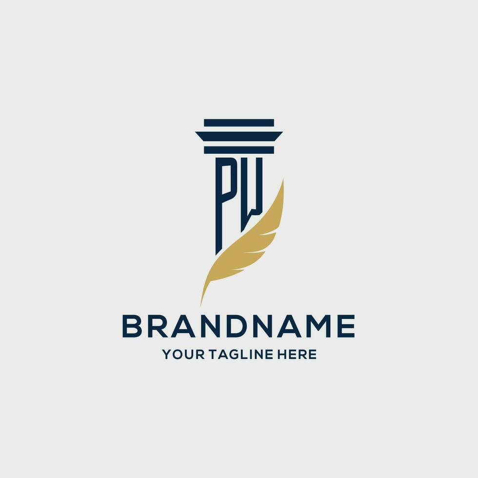 PW monogram initial logo with pillar and feather design vector