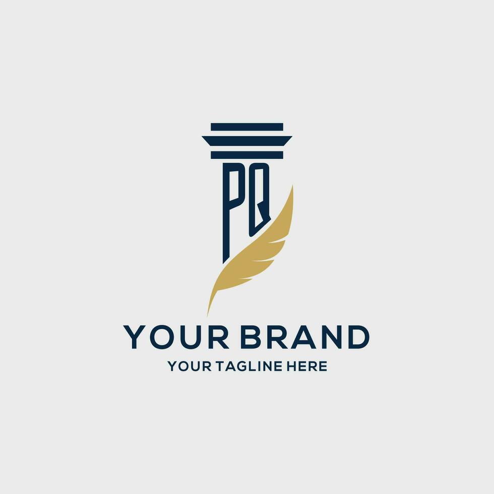 PQ monogram initial logo with pillar and feather design vector