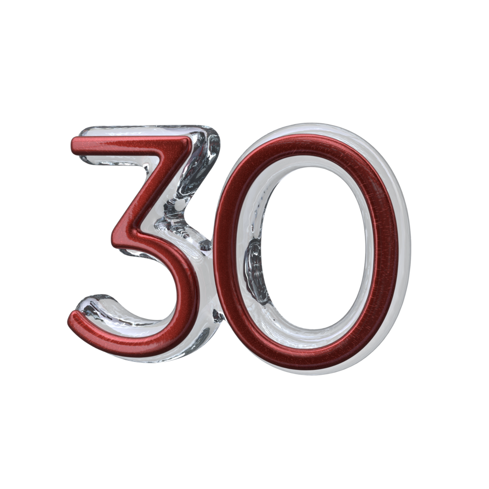 Number 30 3D render transparent background png