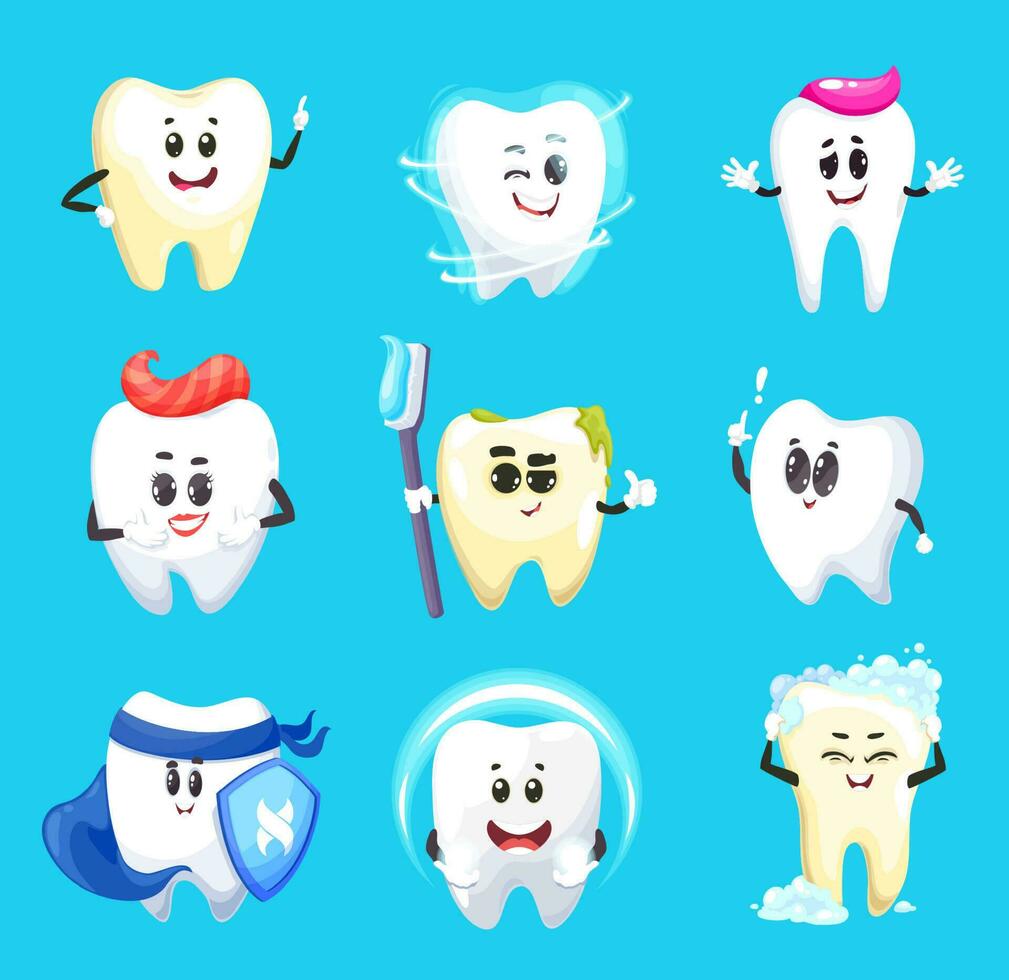 Tooth cartoon characters, vector dental hygiene