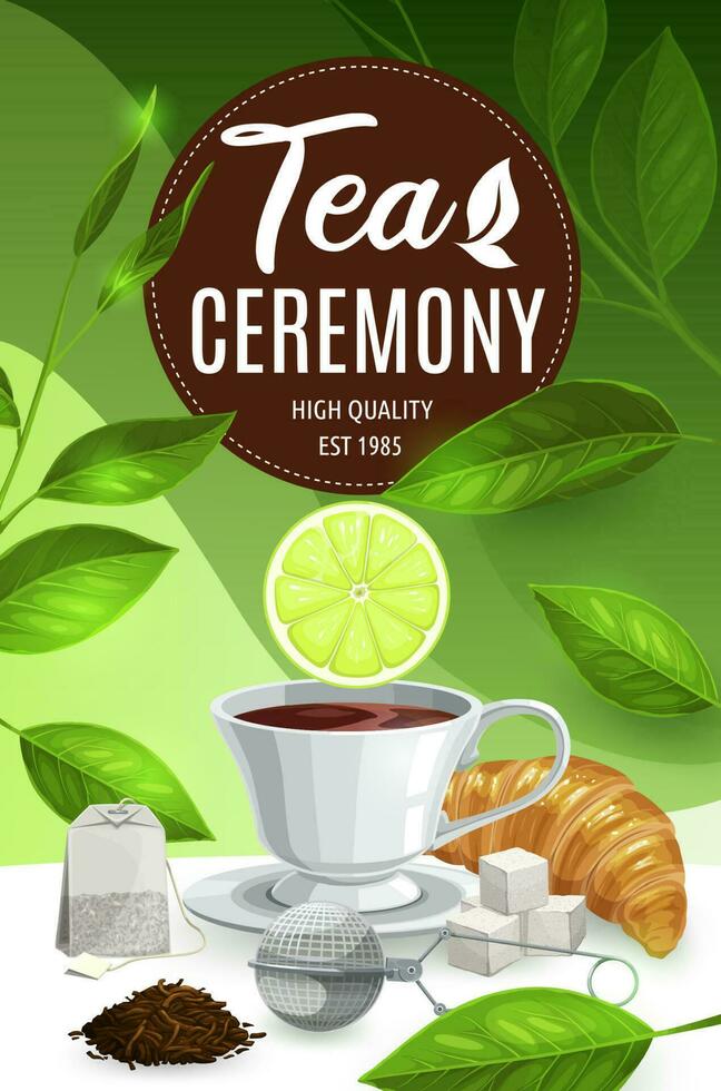 Tea cup with lemon and mint leaves. Hot beverage vector