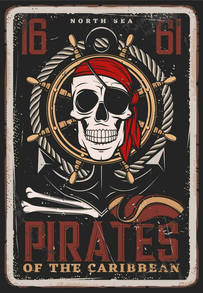 Pirate vintage poster, skull and ship achor vector