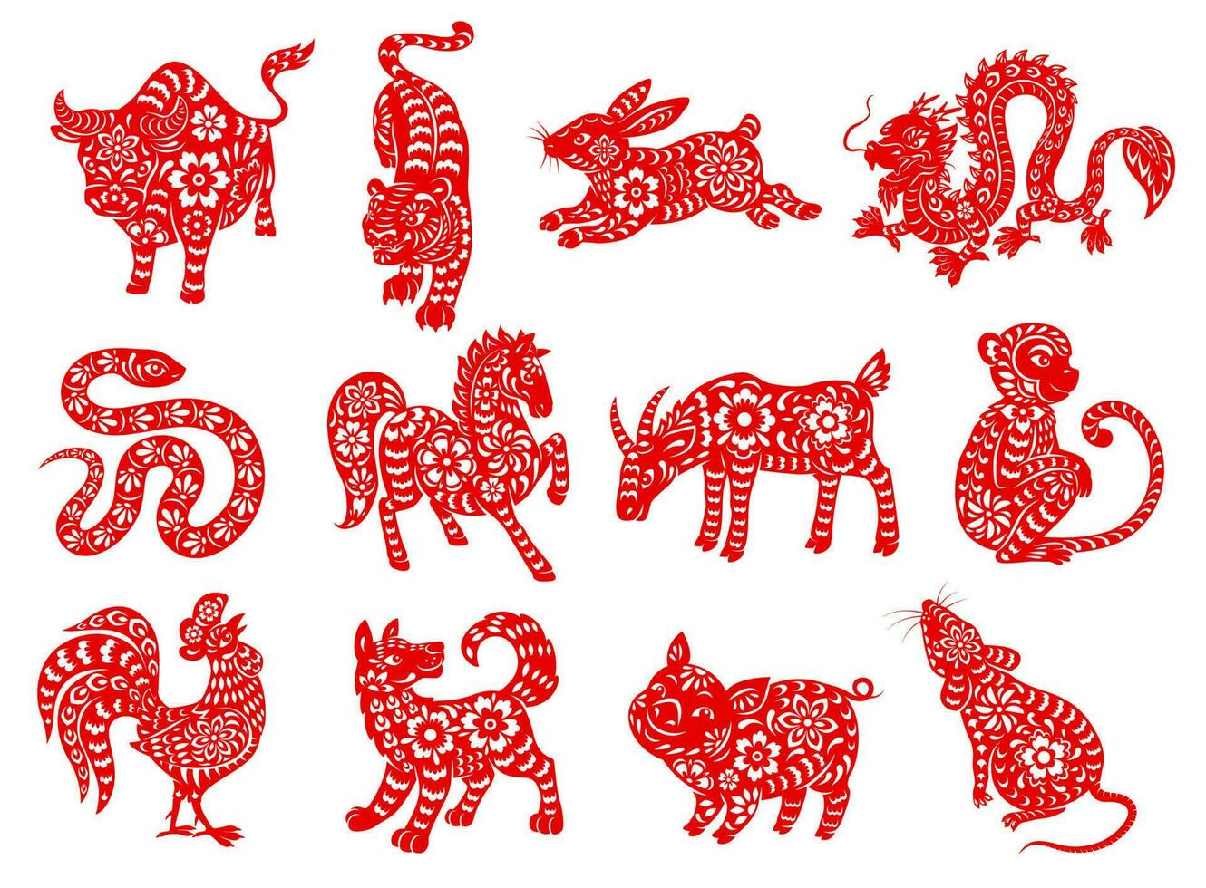 Chinese zodiac horoscope red papercut animals vector