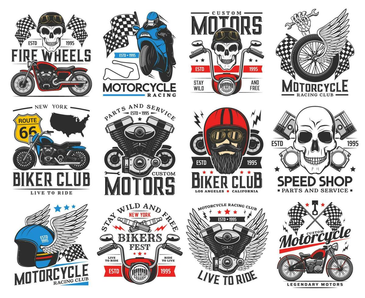 Motorsport racing, bikers club and service icons 23554018 Vector Art at ...