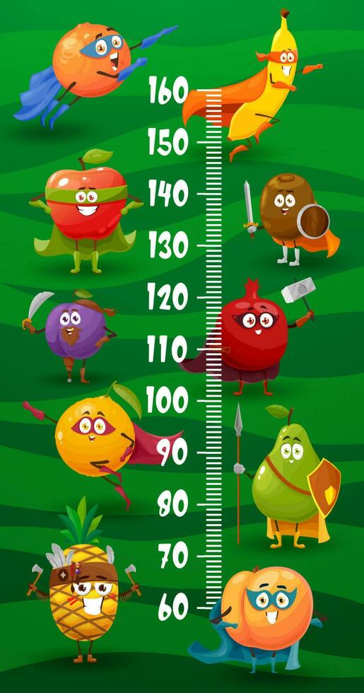 niños altura gráfico gobernante, superhéroe frutas vector
