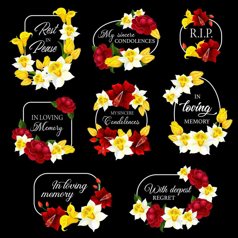 Funeral frames and obituary card borders, flowers vector