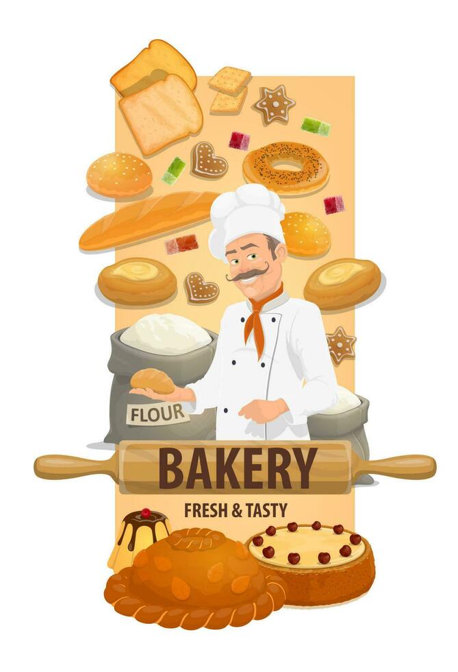 Bakery shop chef with bread and buns vector banner