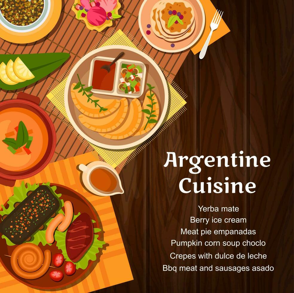 Argentine cuisine menu cover, meat and desserts vector