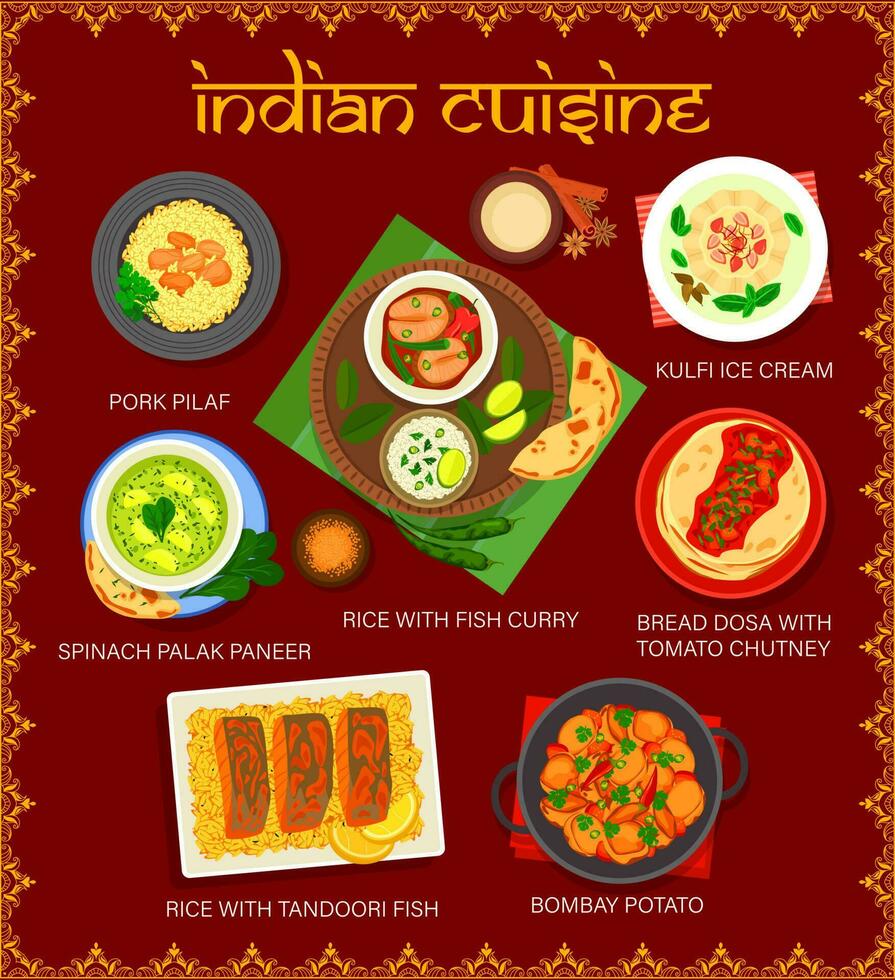 Indian restaurant menu, rice and vegetable dishes vector