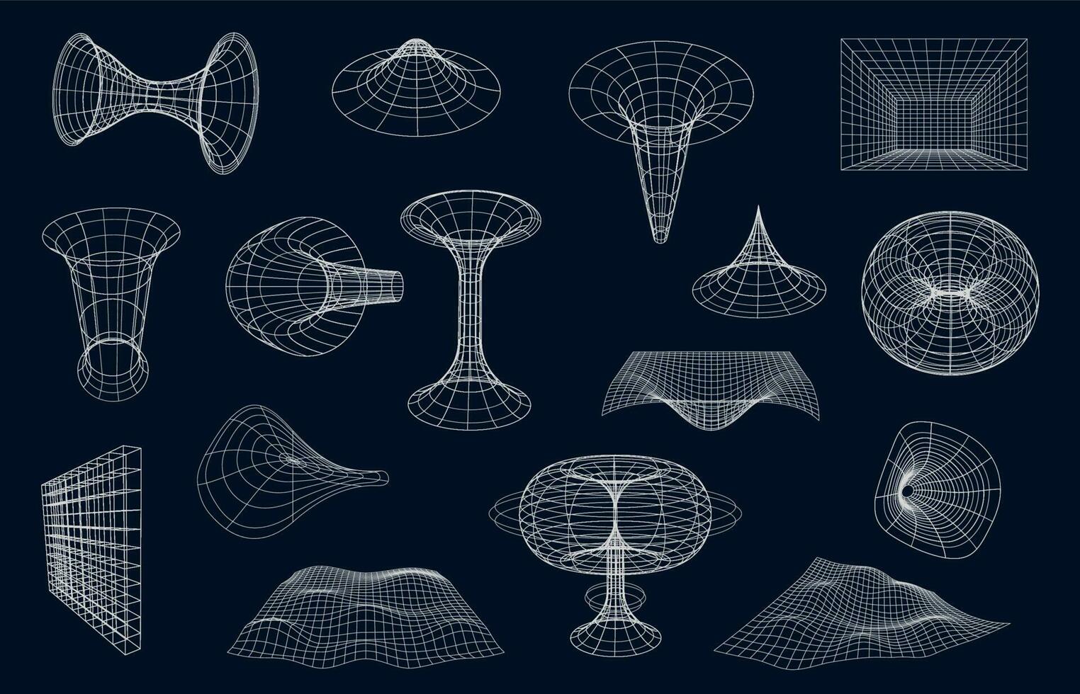 Wireframe geometric shapes, surface grid or sphere vector