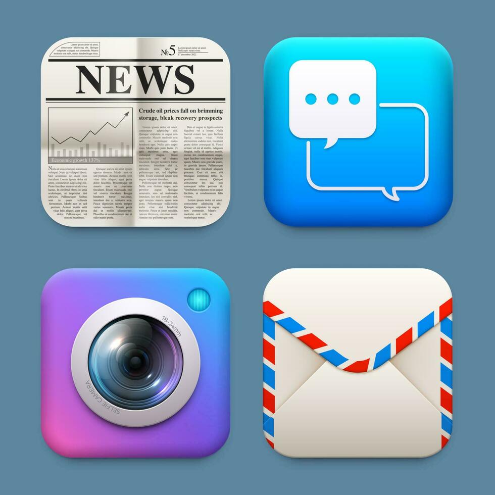 noticias, cámara, correo electrónico y charla solicitud íconos vector