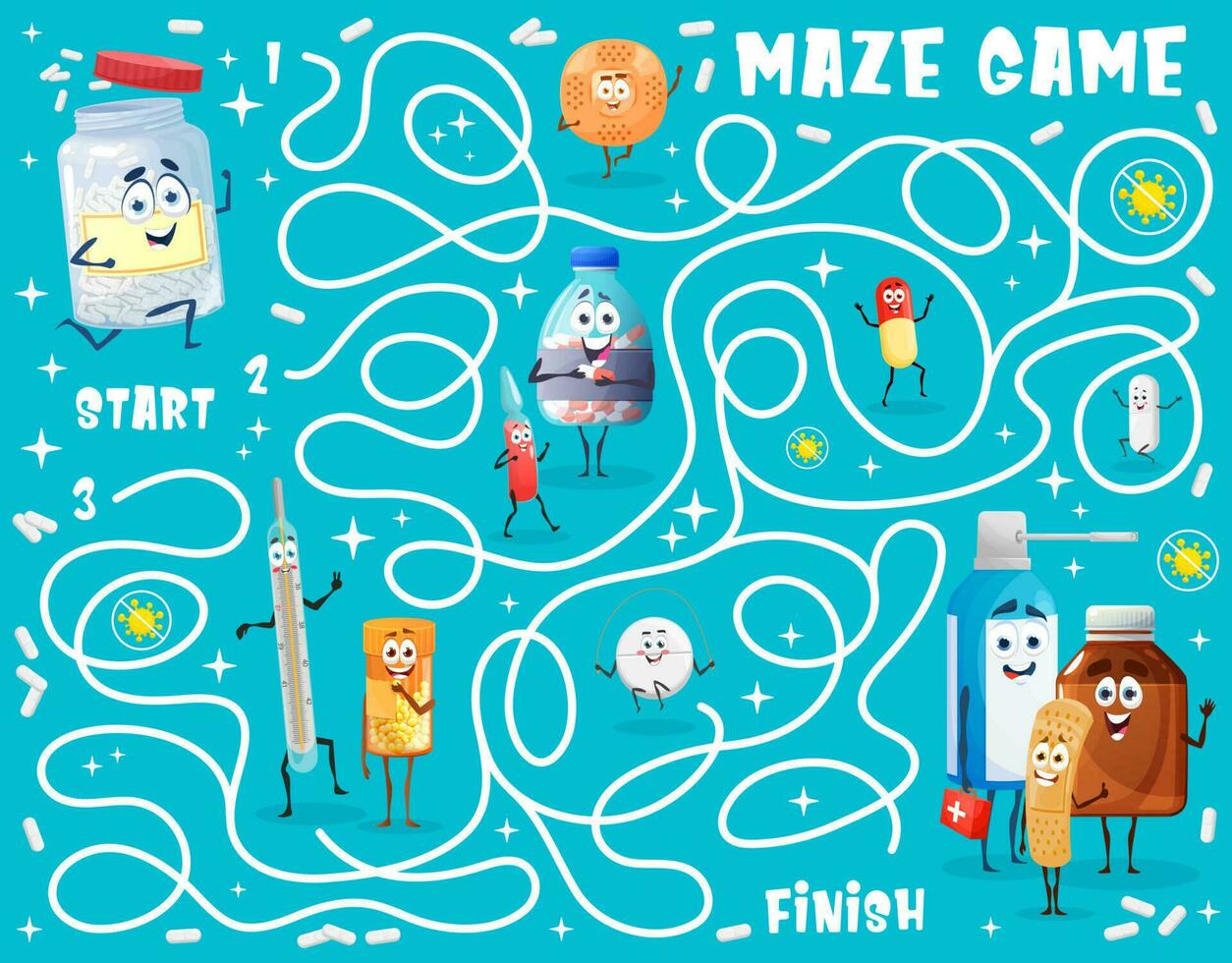 Kids labyrinth maze worksheet, cartoon medications vector