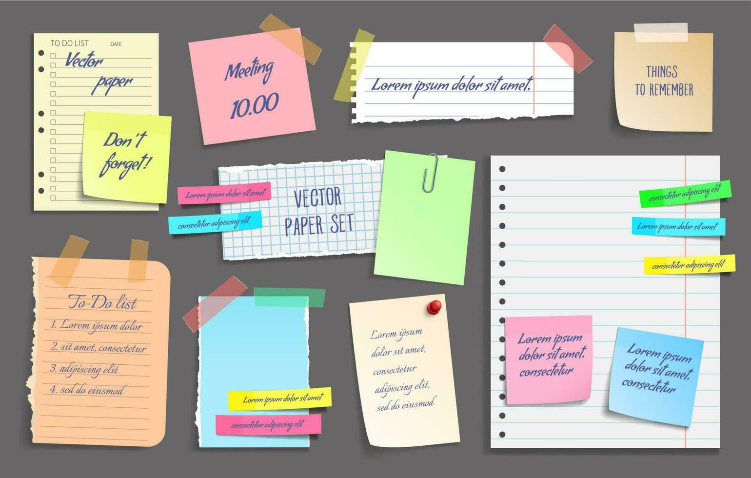 Paper notes, stickers, sticky sheets and tapes vector
