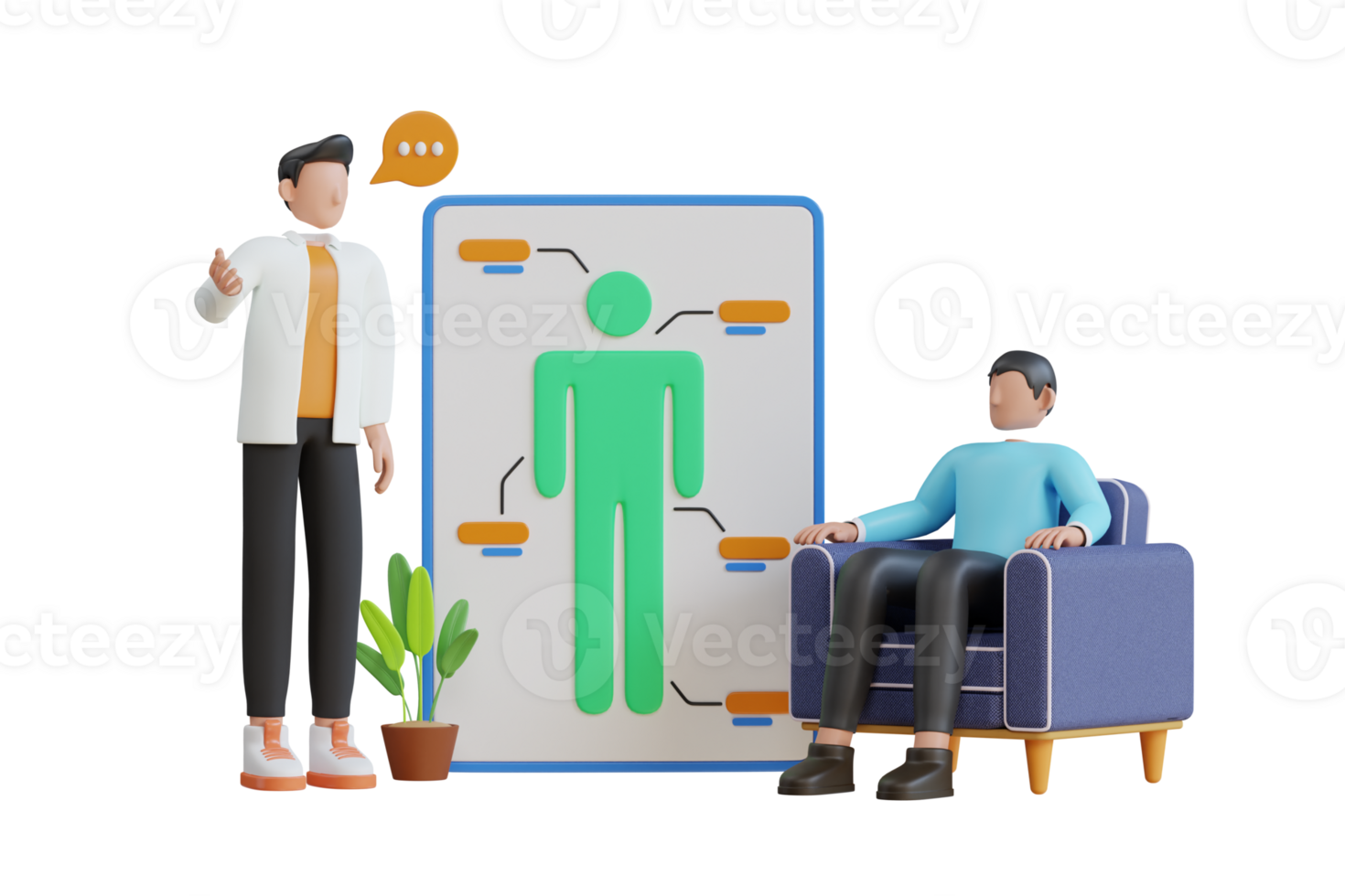 paciente teniendo consulta acerca de enfermedad síntomas con médico terapeuta en hospital. diagnóstico paciente y cuidado, tratamiento cuidado de la salud . médico consulta. 3d ilustración png