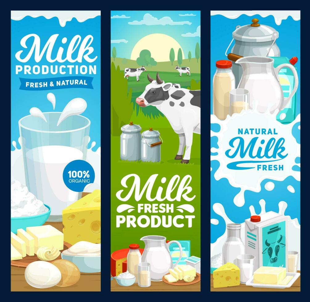 Farm dairy and milk products banners, farm food vector