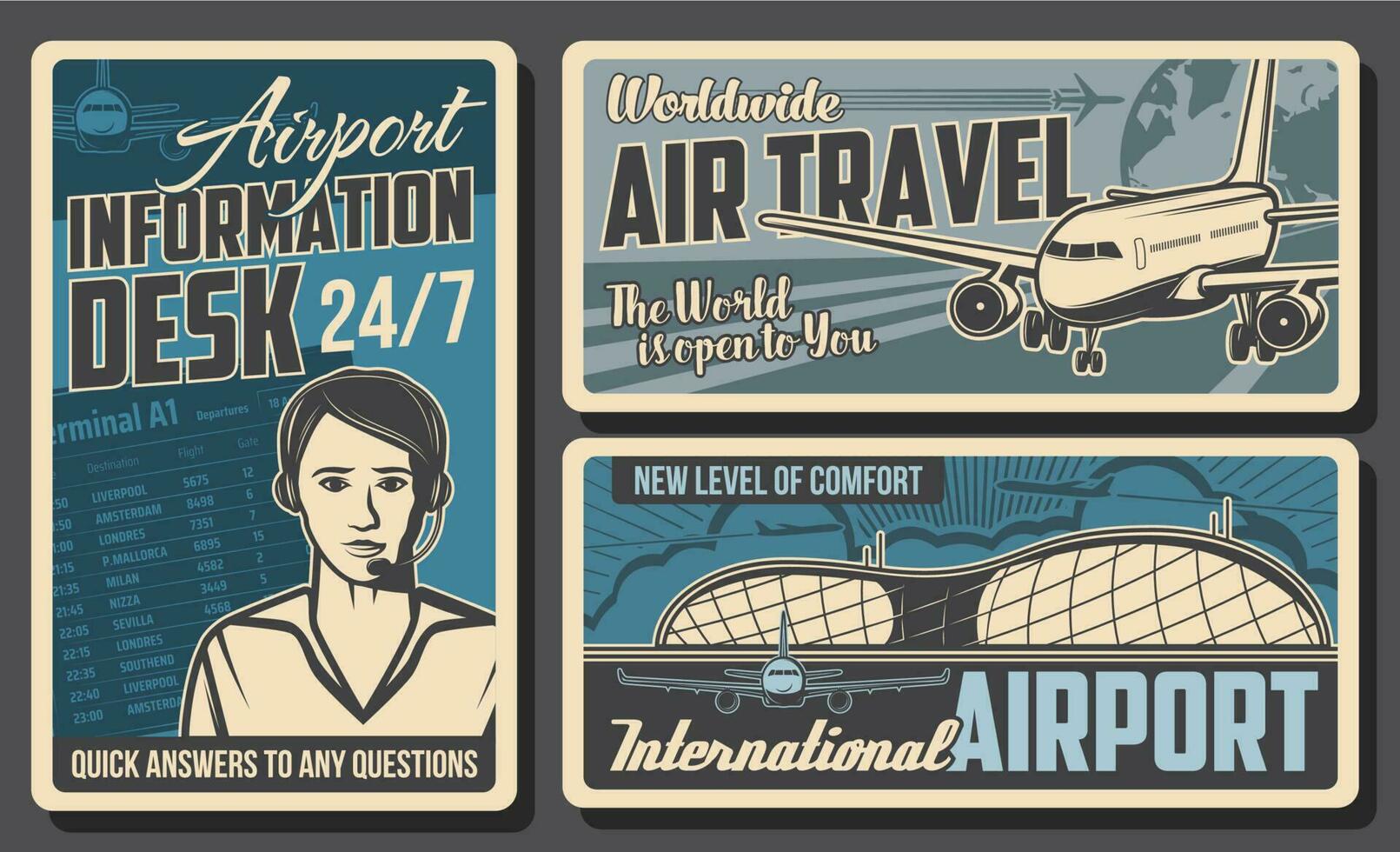 Airport information desk, airplane retro posters. vector