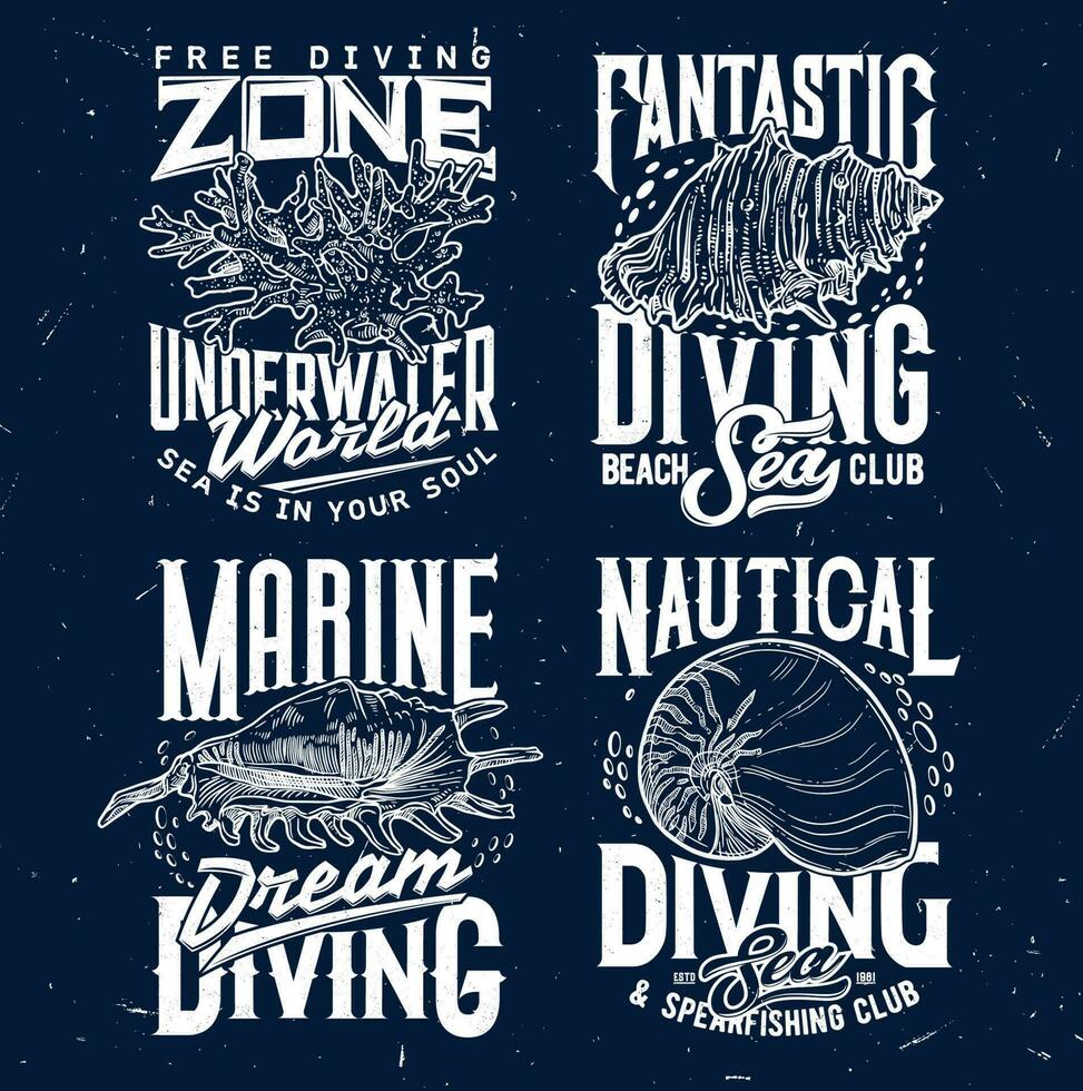 Tshirt print with sketch sea shells and corals set vector