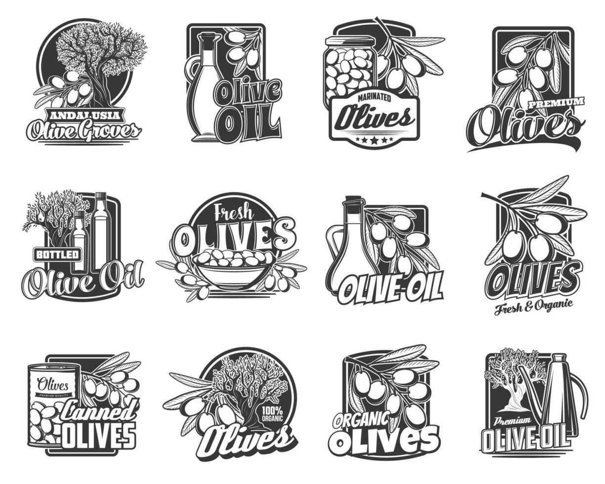 Olives organic farm products engraved icons set vector