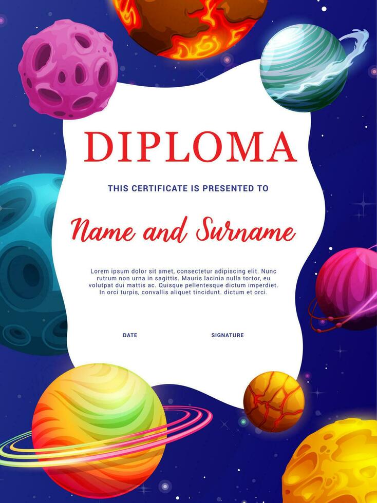 Kids diploma, galaxy fantastic space planet stars vector