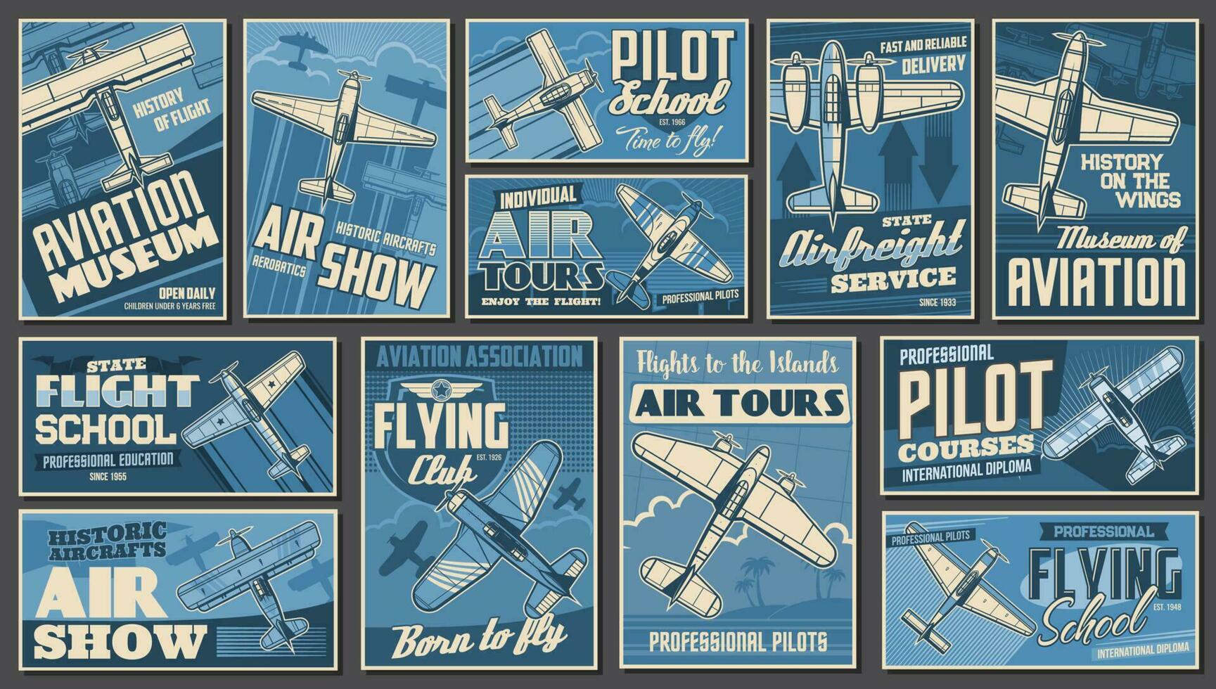 piloto escuela, vuelo club, aire espectáculo retro pancartas vector