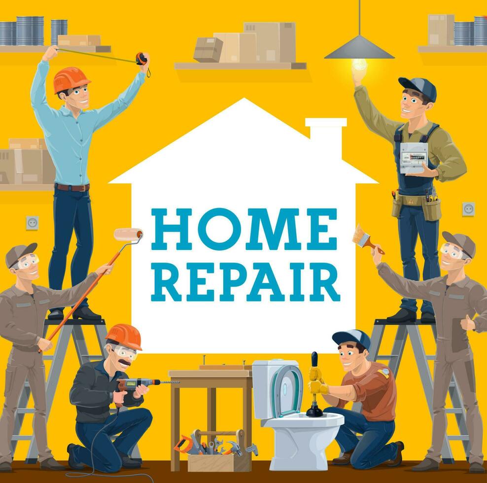 House repair and construction workers, work tools vector