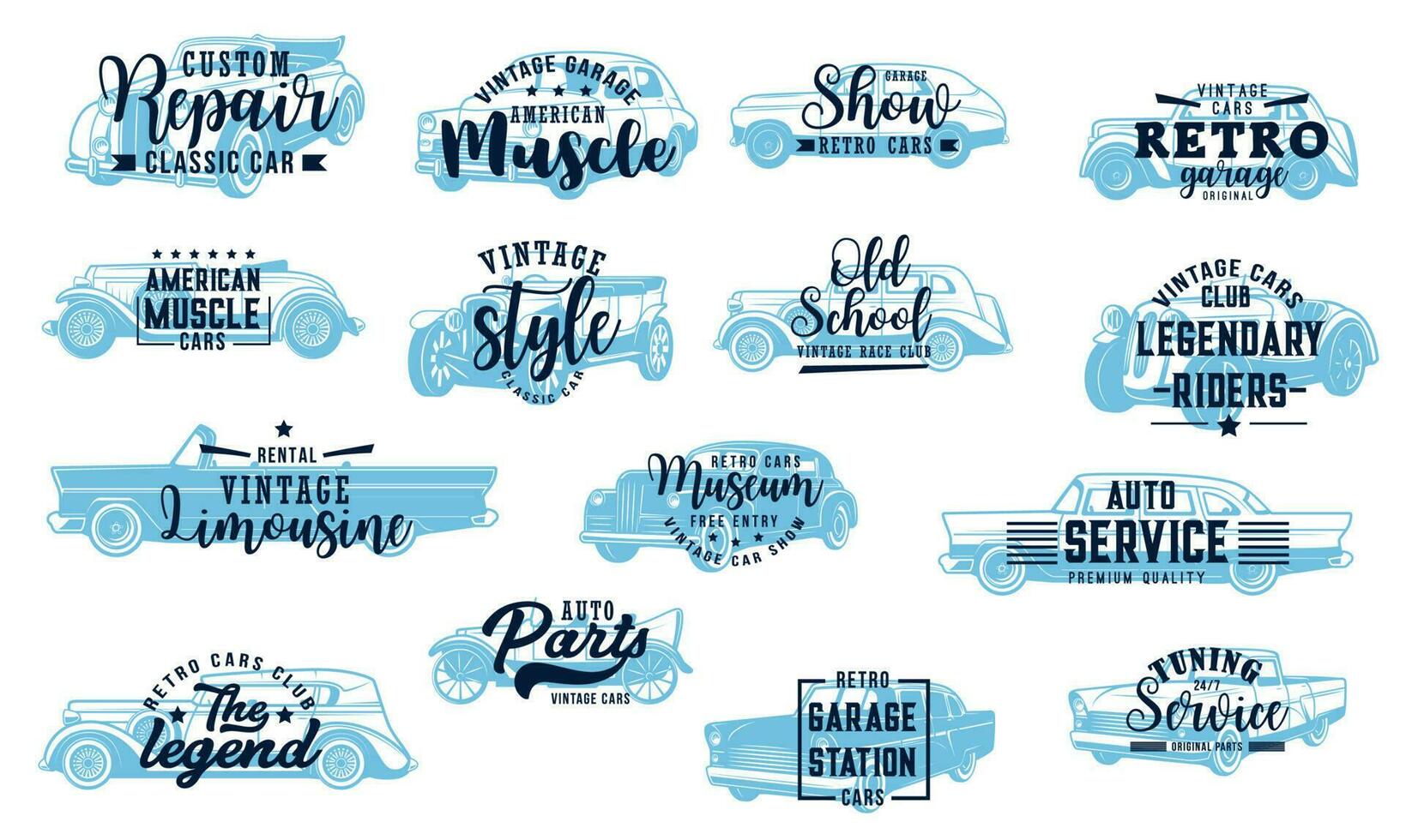 Retro car icons, emblems set with lettering vector