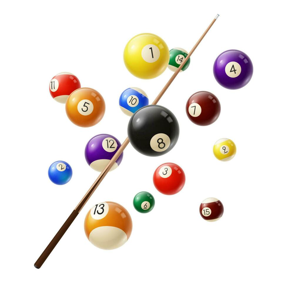 Billiard balls and cue 3d realistic vector