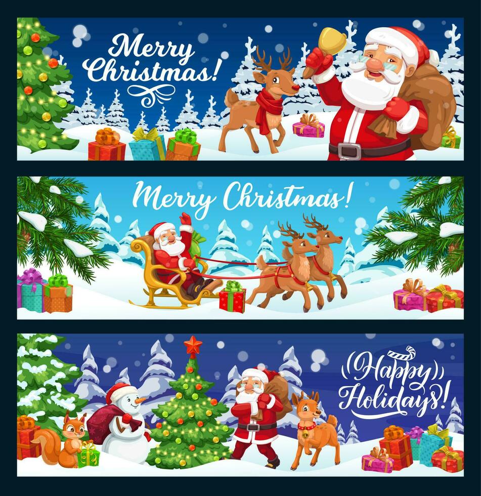 Christmas tree, gifts and Santa on reindeer sleigh vector