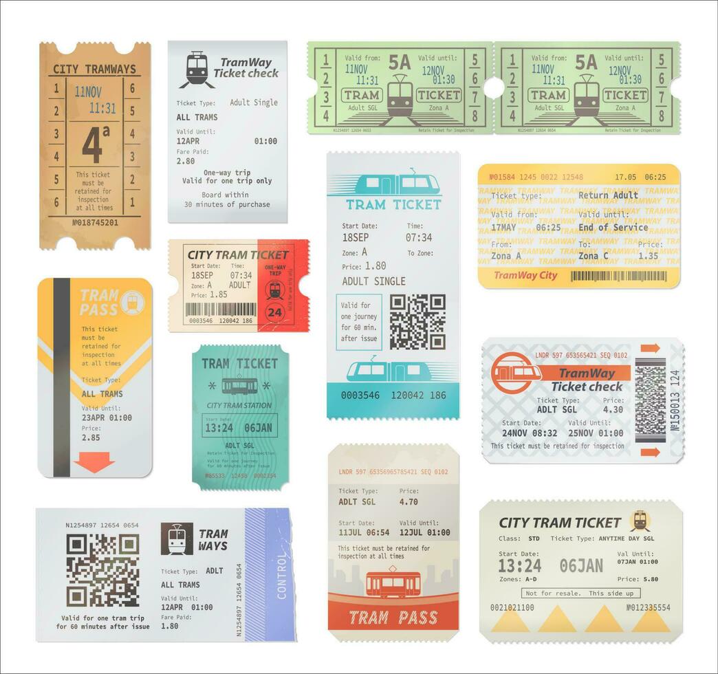 Vintage and modern tram tickets, vector qr code