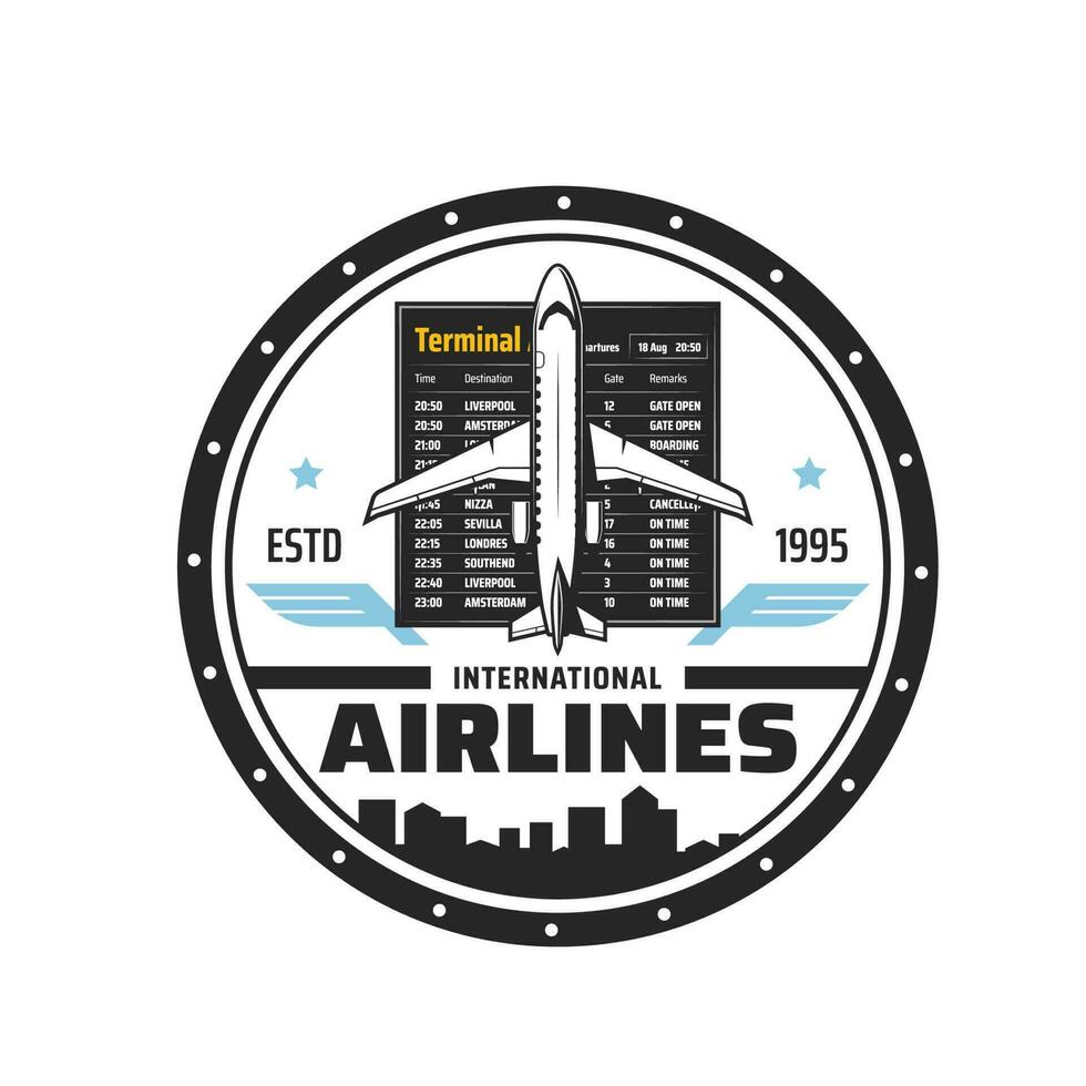 International flights icon, plane, departure board vector