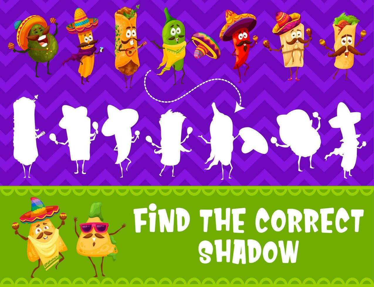 Find the correct shadow of mexican food characters vector