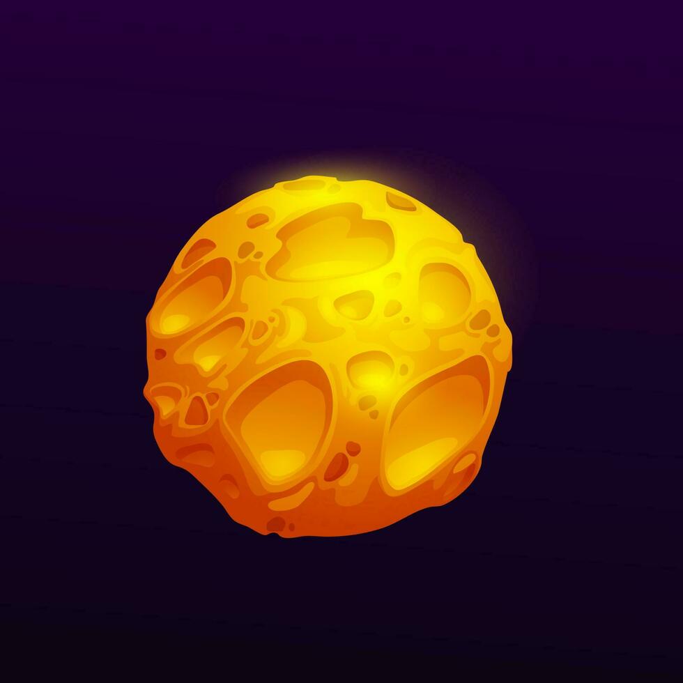Yellow or golden cartoon space planet with craters vector