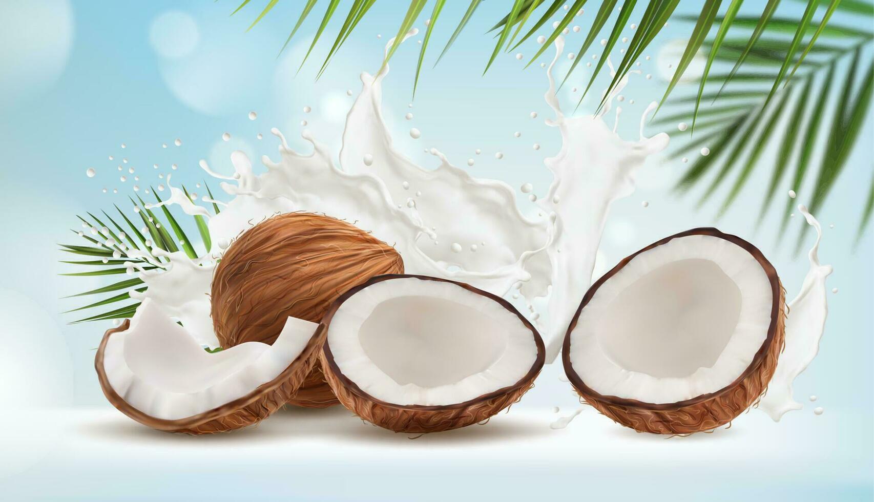 Coconut milk splash and palm leaves background vector