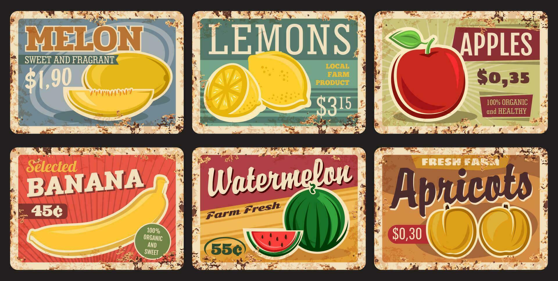 Fruits metal plates, food market price posters vector