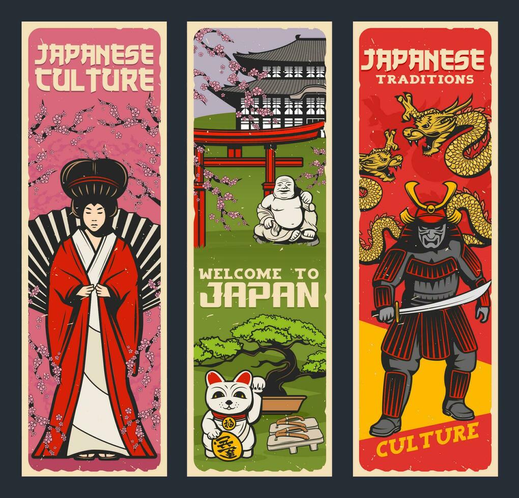 Japanese religion, theater, dragon and samurai vector